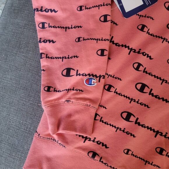 Champion Girl's Citrus Pink AOP Script Athleticwear Hoodie Sweatshirt Size Large - Picture 10 of 11